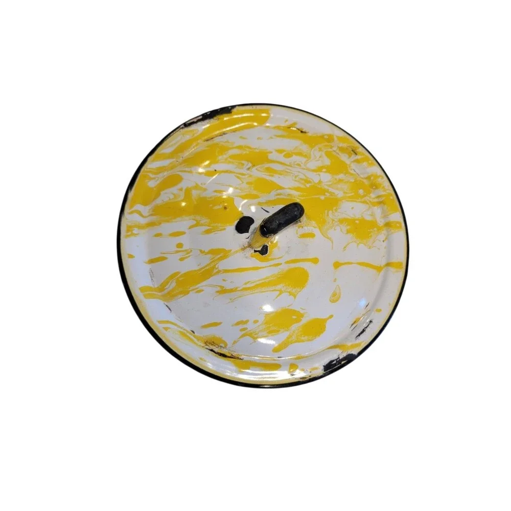 Vintage Enamel Double Boiler Yellow Splatter Lid Saucepan